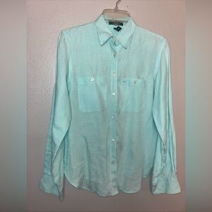 Women’s Teal 100% Linen Ralph Lauren Long Sleeve, Roll Tab Button Up Shirt Small